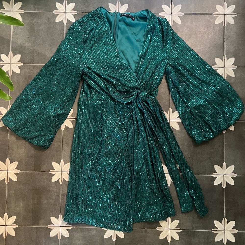 Green Bell Sleeve Embellished Wrap Dress
